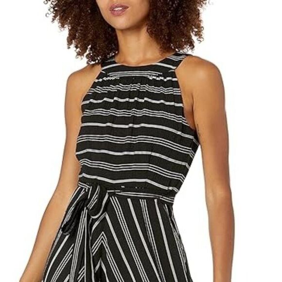 Tommy Hilfiger Halter Midi Dress Striped Crinkle Gauze Waist Tie Black Gray 12 - Picture 5 of 16